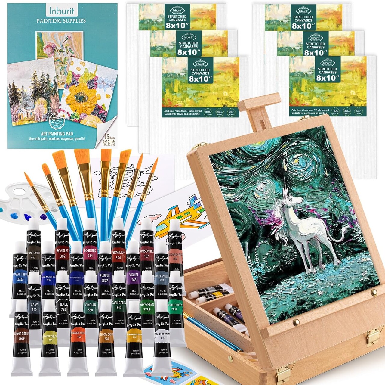 Art Paint Set with Wooden Easel Box, 24 Colors Acrylic Paints, 8 Paint